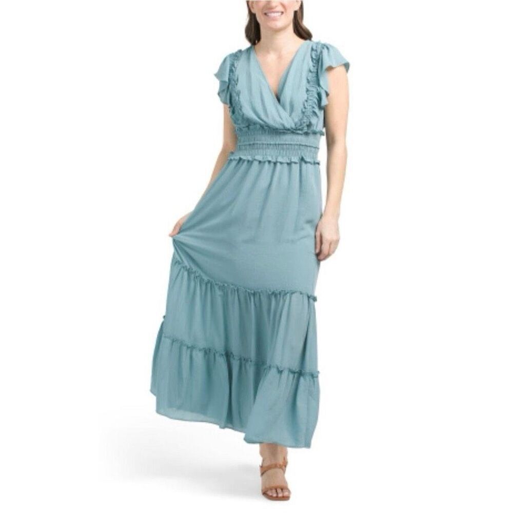 NWT Max Studio pebble crepe flutter sleeve maxi dress in blue Size S